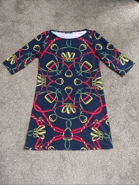 J. McLaughlin Navy Shift Dress with Red, Green & Gold Print